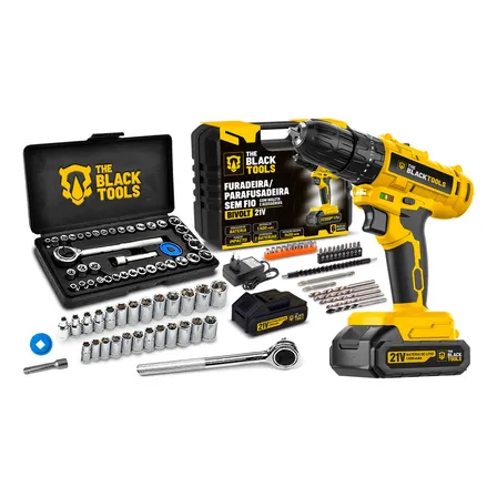 Furadeira Parafusadeira De Impacto 2 Baterias 21v 3/8 Tb21pz Com Jogo De Soquetes 40 Peças The Black Tools Amarelo/preto 127/220v 50/60hz
