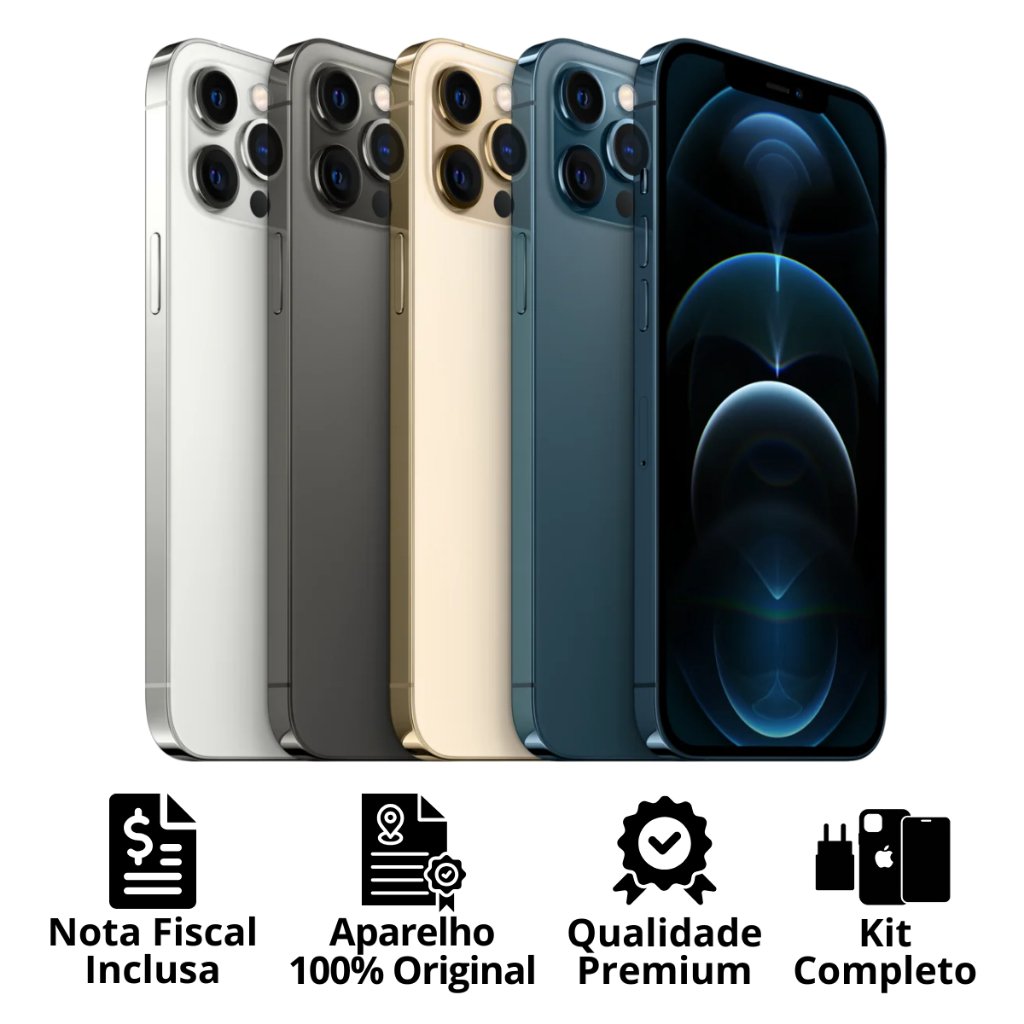 Celular iPhone 12 Pro Max (128GB) (256GB) 100% Original Apple Seminovo Vitrine Bateria 85% a 100% NF Carregador Película