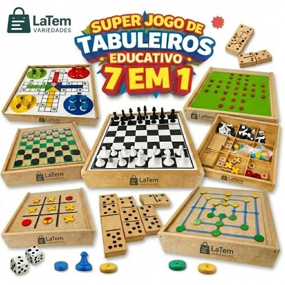Jogo Tabuleiro Educativo Madeira Clássicos Xadrez Dama Jogo da Velha Ludo Trilha Dominó Resta 1