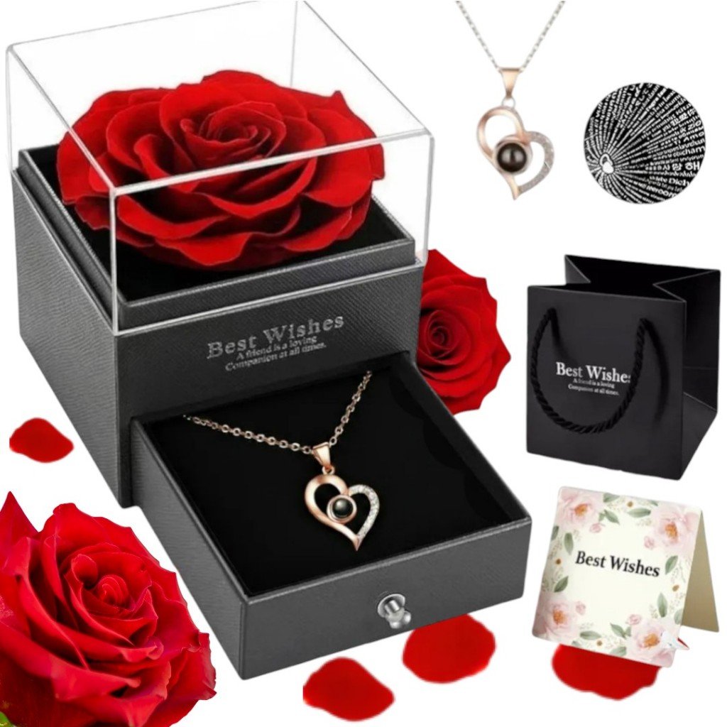 Rosa Eterna Preservada Caixa Presente E Colar Feminino Presente P/ Namorada Esposa Amiga Presente Para Dia Das Mães