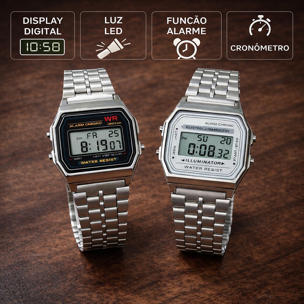 Relógio Digital Vintage Aço Inoxidável LED Alarme Cronômetro Resistente à Água Retrô