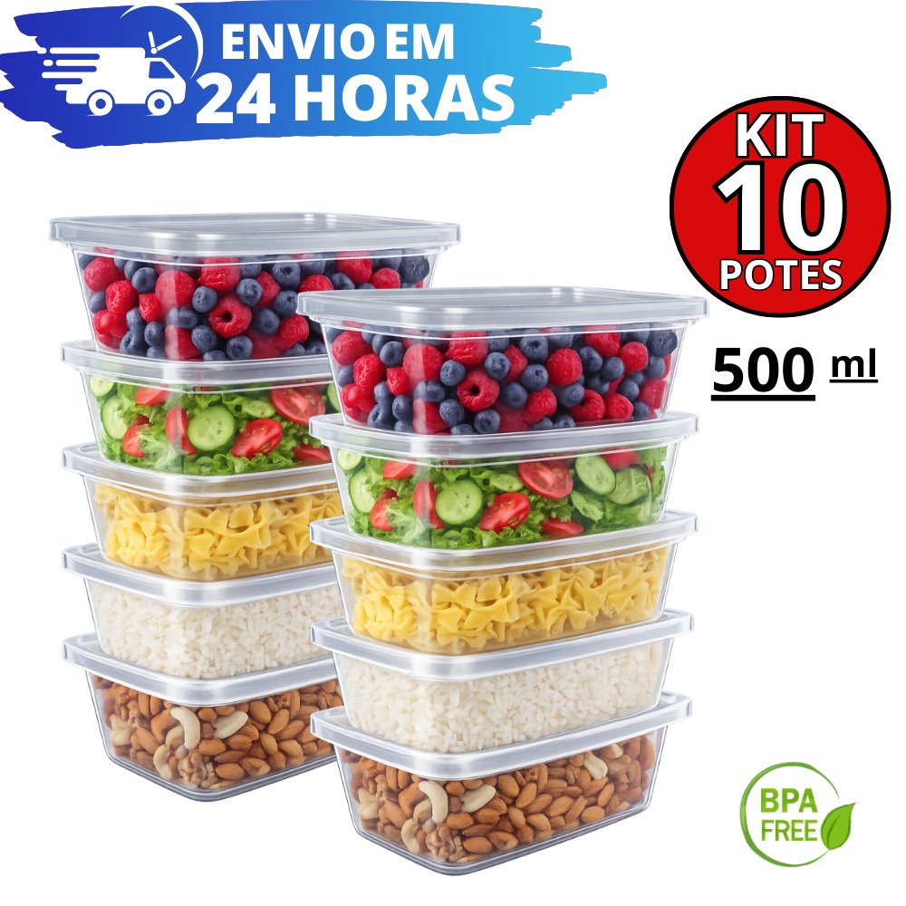 Kit 10 Potes 500 ml Reforçado Transparentes  BPA Free Organizador de Alimentos Marmita