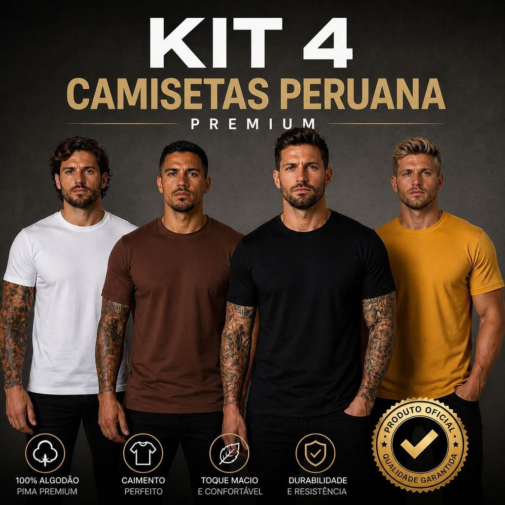 Kit 4 Camisetas Malha Peruana Algodão Elastano Cotton Pima 40.1 Premium Confortável Durável 40.1 Masculina