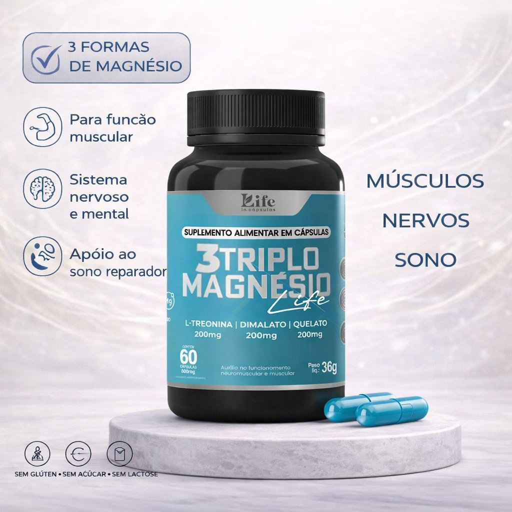 Triplo Magnésio Quelato, Dimalato, L-Treonato - 60 Cápsulas. Envio Imediato.