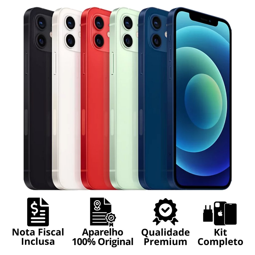 Celular iPhone 12 (64GB) (128GB) 100% Original Apple Seminovo Vitrine Bateria 85% a 100% NF Carregador Película Capinha