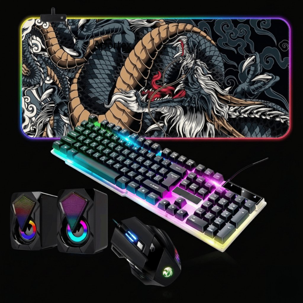 Kit Setup Mouse RGB + Teclado Semimecânico + Mousepad Dragão RGB 80x30cm + Caixa De Som LED