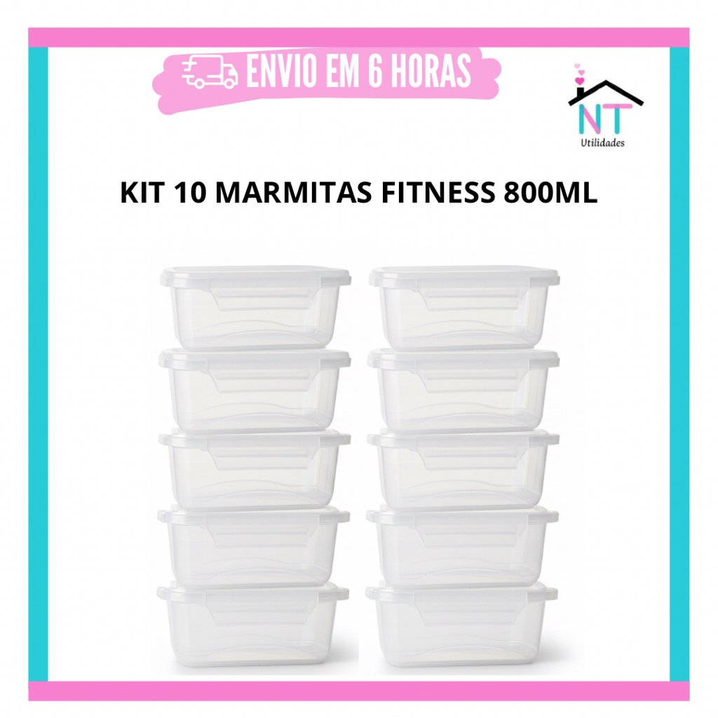 Kit 10 Marmitas Fitness 850ml Freezer E Microondas Potes Plásticos com Trava Grande Livre de BPA