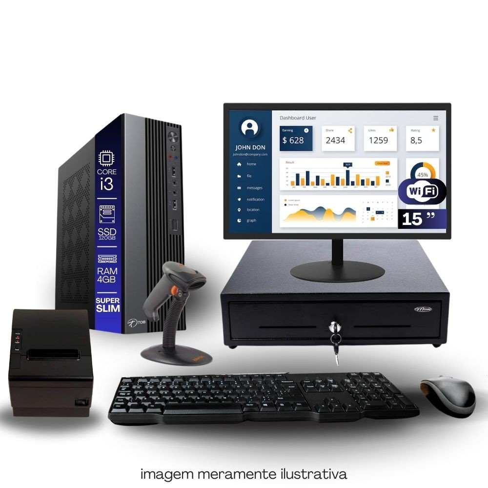 Kit PDV TOB i3 4GB SSD 120GB Win10 Rede S/Fio Teclado Mouse Monitor 15" Gvt. Dinheiro  Imp. Térmica Leitor Cód Barras
