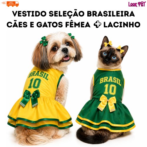 Vestido Brasil para Cachorro 🇧🇷 Roupa Pet Seleção Brasileira Copa do Mundo | Porte Pequeno e Médio