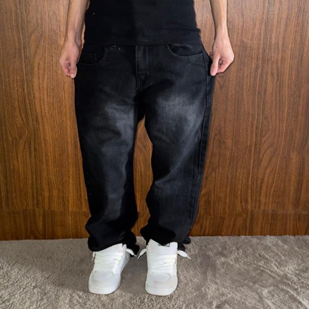 Calça Preta Masculina Wide Baggy Balão Jeans Larga Premium