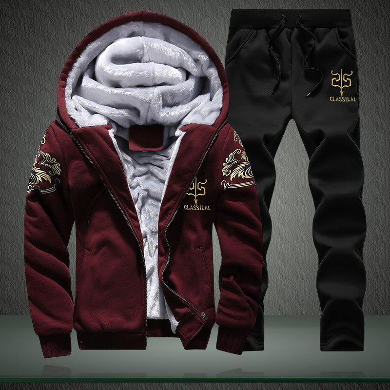 Engrossar Homens Agasalho Definir Inverno Jaqueta De Capuz De Lã + Calças Moletons Hoodies Masculinos Casaco Esportivo