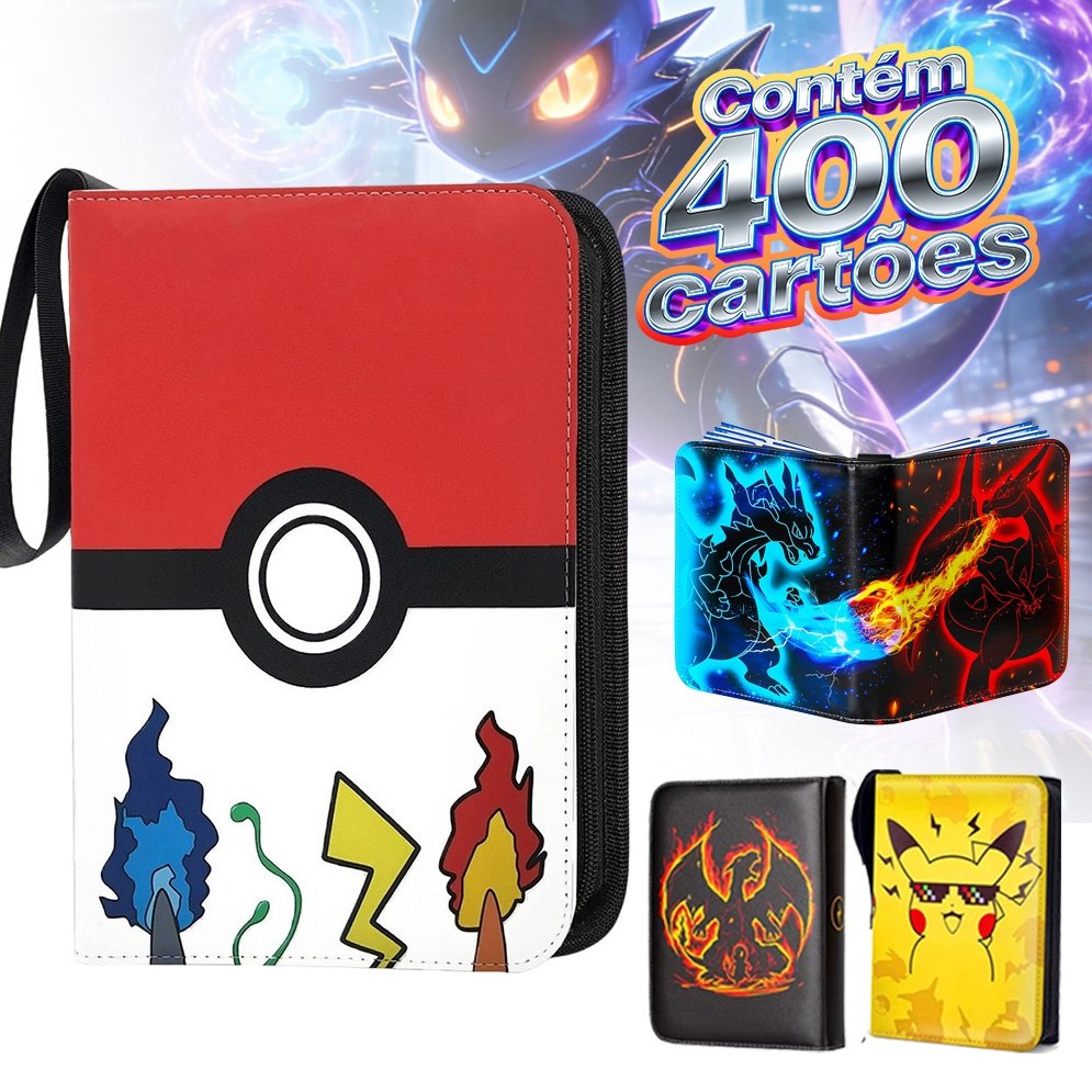 Álbum Fichário Pokémon p/ 400 Cards Colecionador Pasta com Zíper Fichário