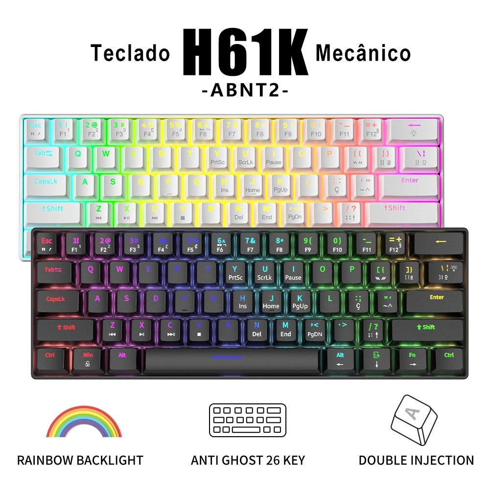 ZIFRIEND H61K Teclado mecânico 60% ABNT2 Switche Red/Blue Rainbow LED Wired gaming Hot-Swappable suporte notebook pc
