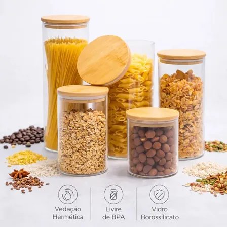 Kit 5 Potes De Vidro Herméticos Com Tampa De Bambu Para Mantimentos Alimentos Grãos Café Massas Cereais Cozinha Com Vedação Hermética Vidro Borossilicato Livre Bpa Transparente