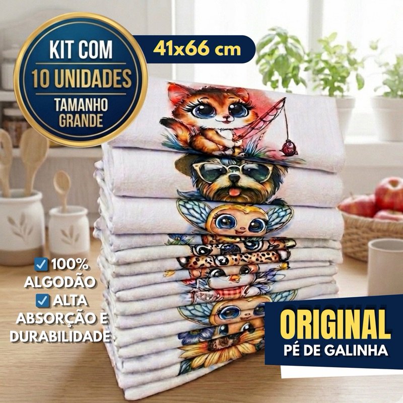 Pano de Prato Pé de Galinha ORIGINAL (Kit com 10 Peças) Pano Grosso, Estampado Alta Absorção e Qualidade