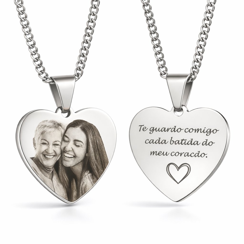 Colar Coração Personalizado com Foto Gravada em Aço Inox Amor Familia Presente Pai Mãe Lembrança