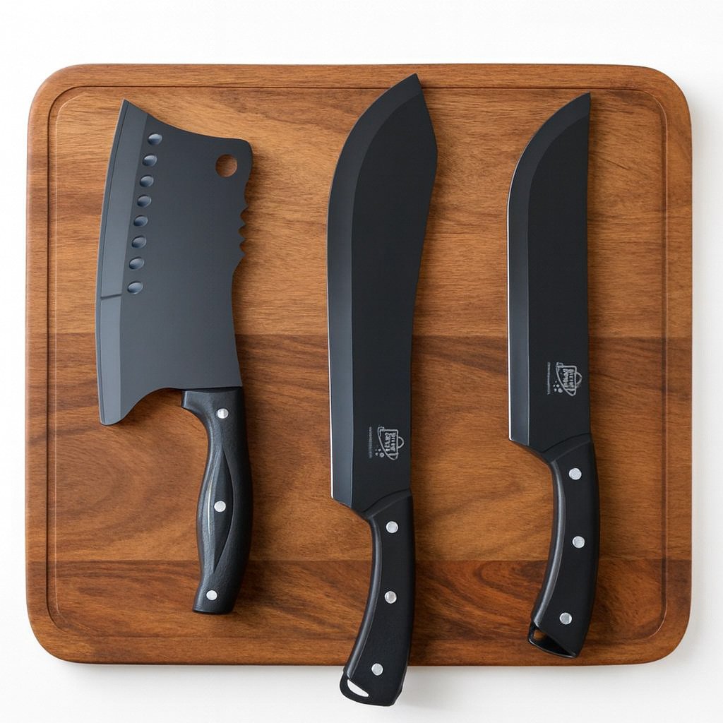 Kit Facas Churrasco Profissional Caça 3 Peças Lâmina Black Inox Premium Resistente