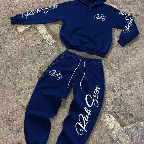 Manfinity EMRG Conjunto Casual de Moletom com Capuz e Calça Moletom com Estampa de Letra de Manga Comprida