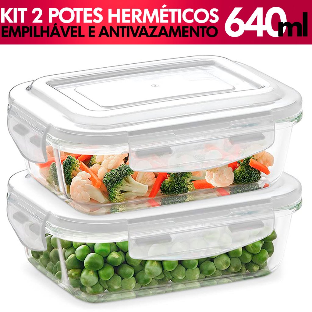 Kit 2 Pote De Vidro Hermetico 640ml Ratangular BPA Free Tampa Plastica Armazenar E Conservar Alimentos Microondas