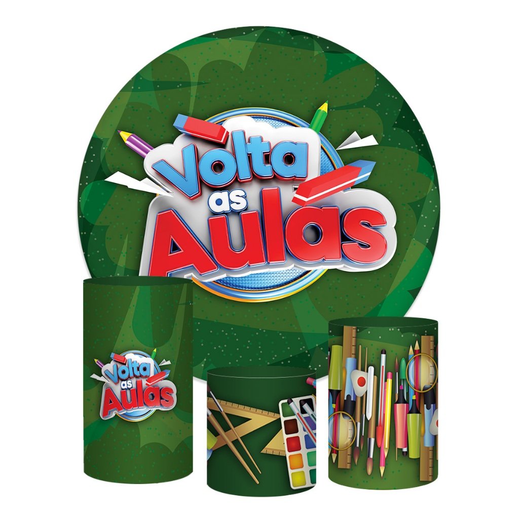 Trio Capa Cilindros + Painel Redondo Volta às Aulas Em Tecido