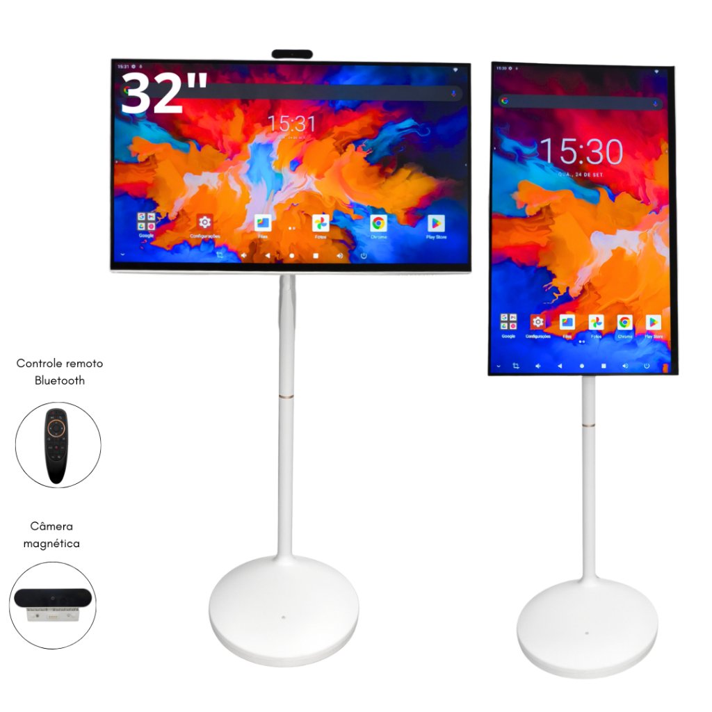 Monitor Touch 32" Full HD com Pedestal Wi-Fi Bluetooth Comando de Voz Câmera Magnética IA Multitoque
