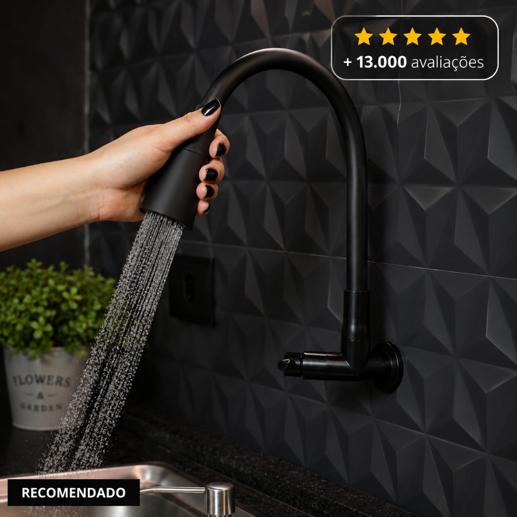 Torneira Gourmet Parede Cozinha Preta Flexível 2 Jatos ABS Para Pia Churrasqueira Área Gourmet Alta