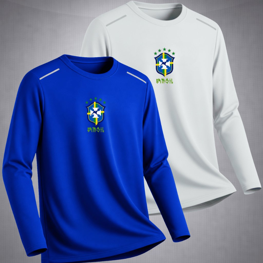 Kit 2 Camisetas Masculina Manga Longa Camisa BRASIL Futebol Hexa Vem Tecido Leve Dry Fit Academia Cross Fit