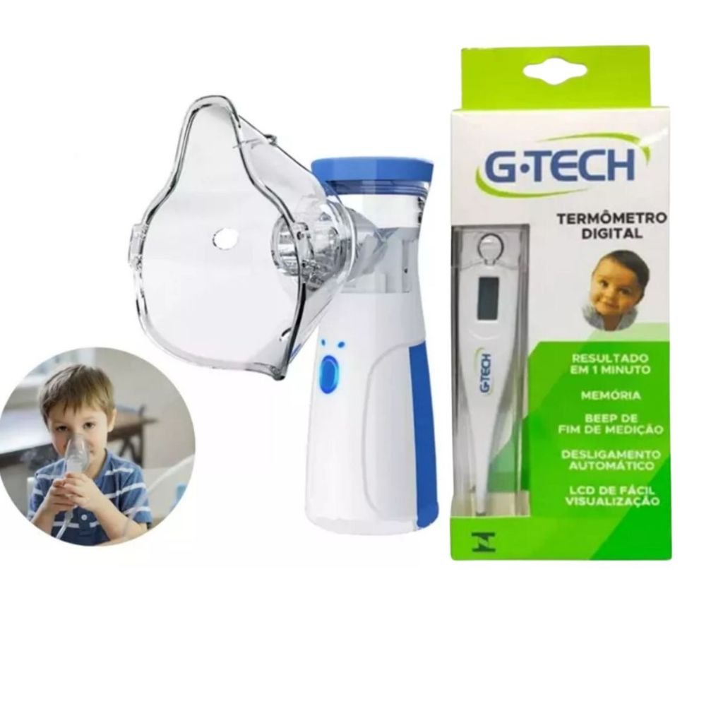 kit nebulizador portatil utrassonico inalador + termometro digital g-tech