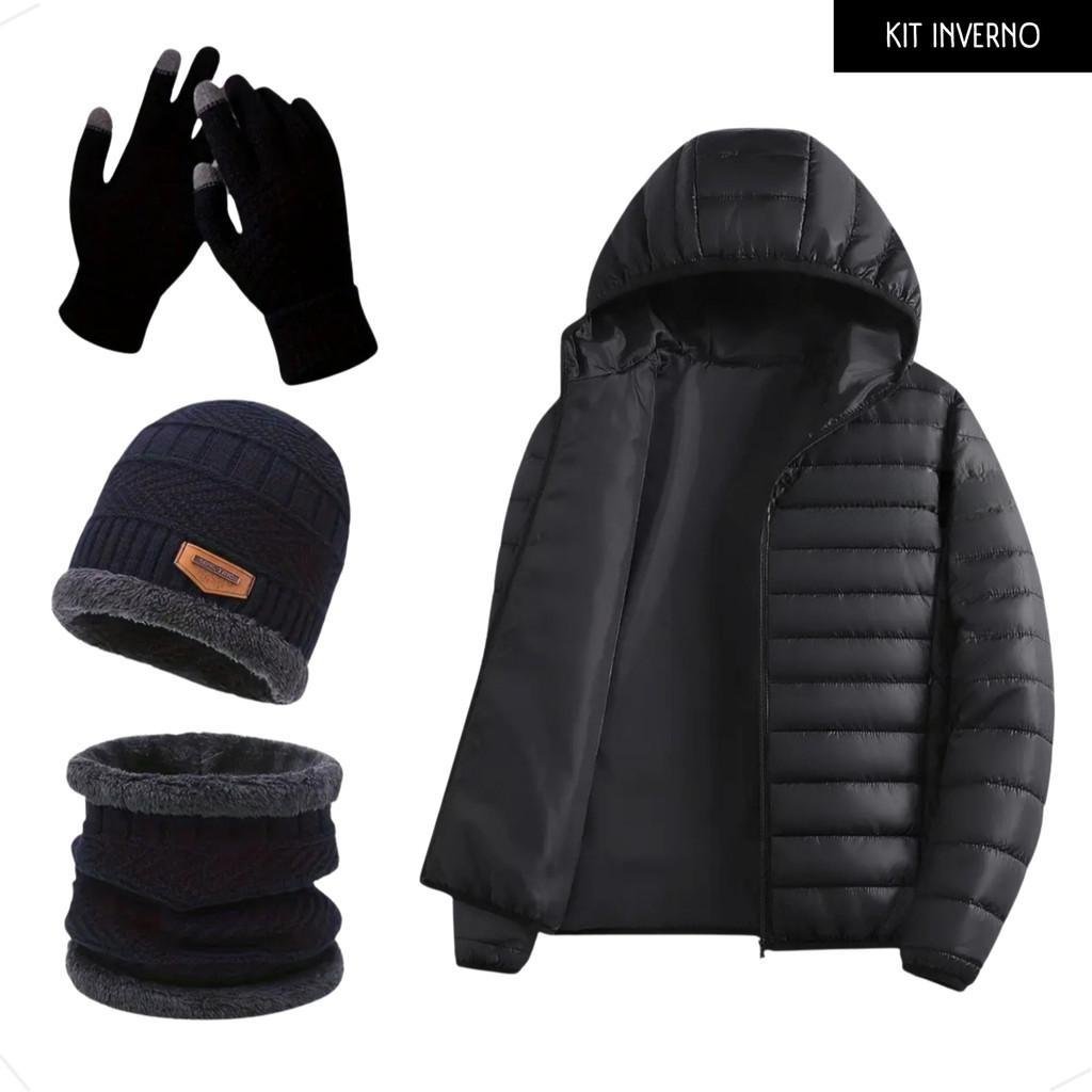 Kit Inverno Jaqueta Puffer Impermeável Bobojaco com Touca Gorro e Lã Luvas Unissex Casaco Frio Completo Quentinho