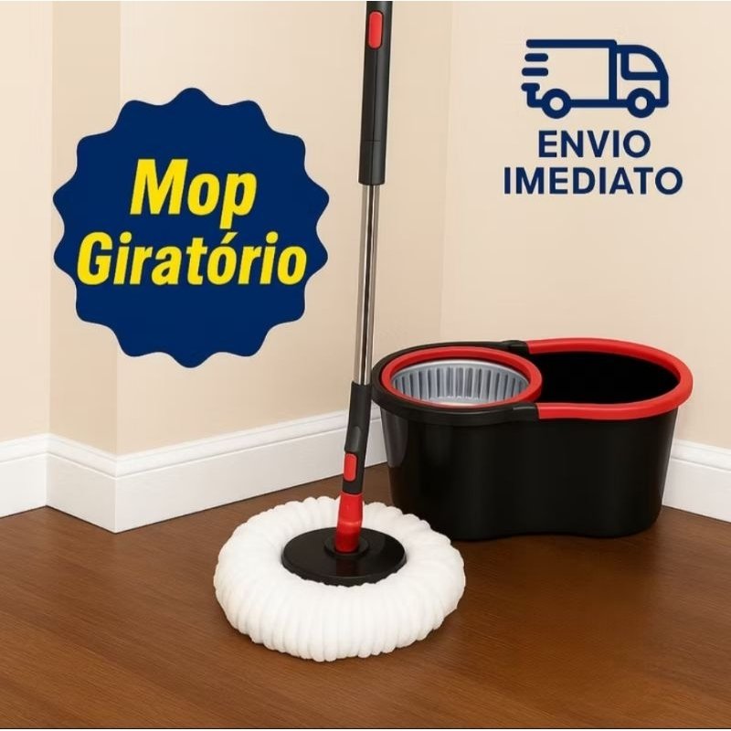Mop Esfregão Giratório 13 Litros Plástico 360° com Refil Balde e Cesto de Inox Cabo de 140 cm