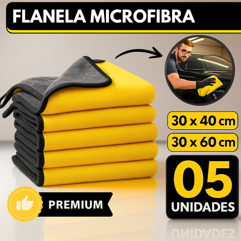 Kit 05 Flanela Microfibra Automotiva 30x40 30x60 600GSM Premium Para Lavagem de Carro