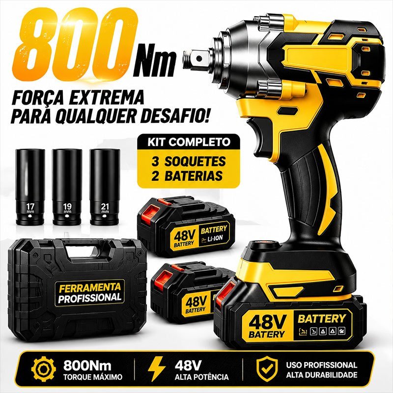 Parafusadeira Chave de Impacto 48V 800Nm Elétrica Sem Fio Alta Potência, Kit Completo com Soquetes e Maleta para Oficina