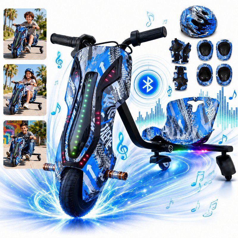 Triciclo Elétrico Drift Infantil 8 Polegadas 350W 3 Velocidades Bluetooth Assento Amortecido Proteção Anti-Colisão LED