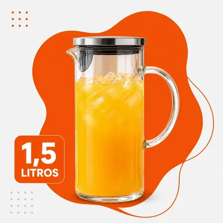 Jarra de Vidro Borossilicato 1,5 Litros Tampa Inox Hermética Transparente para Água, Suco, Chá e Bebidas Quentes e Geladas