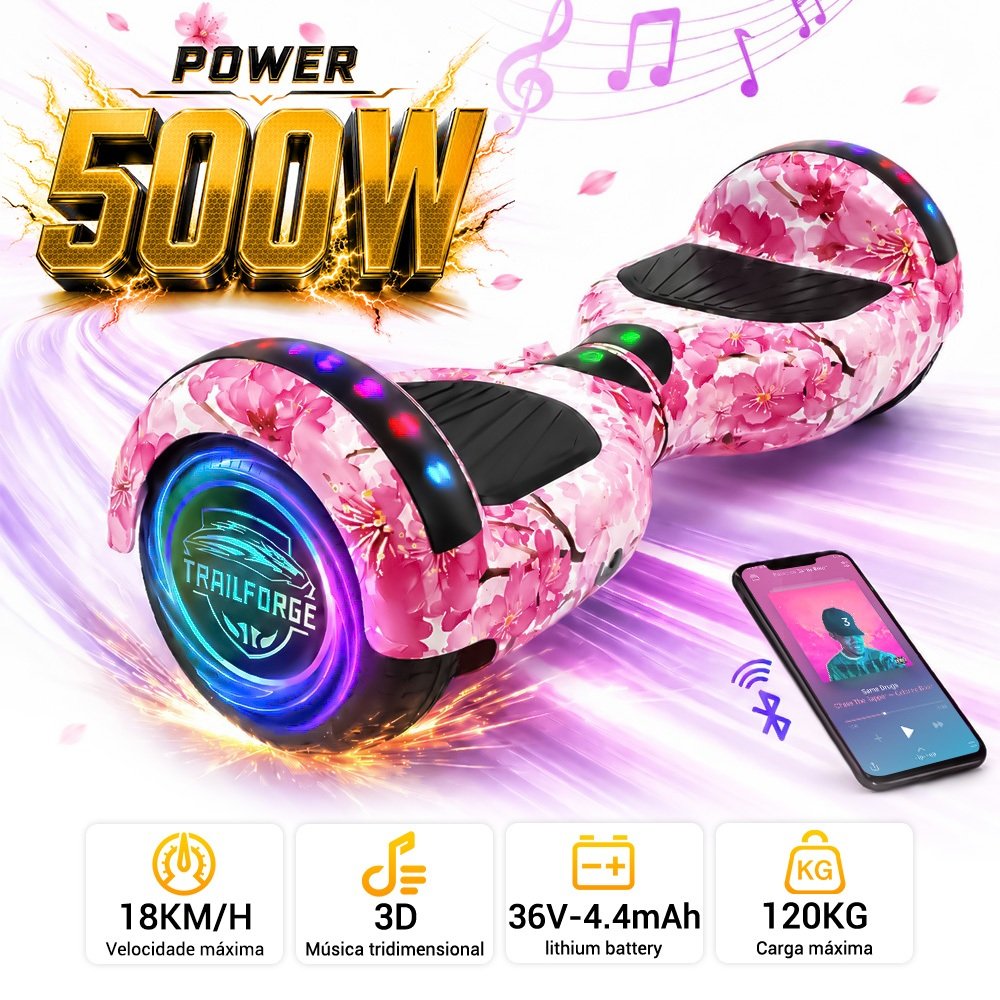 Trailforge Hoverboard Infantil 500W 6.5 Polegadas Bluetooth Luzes LED Coloridas Presente para Crianças