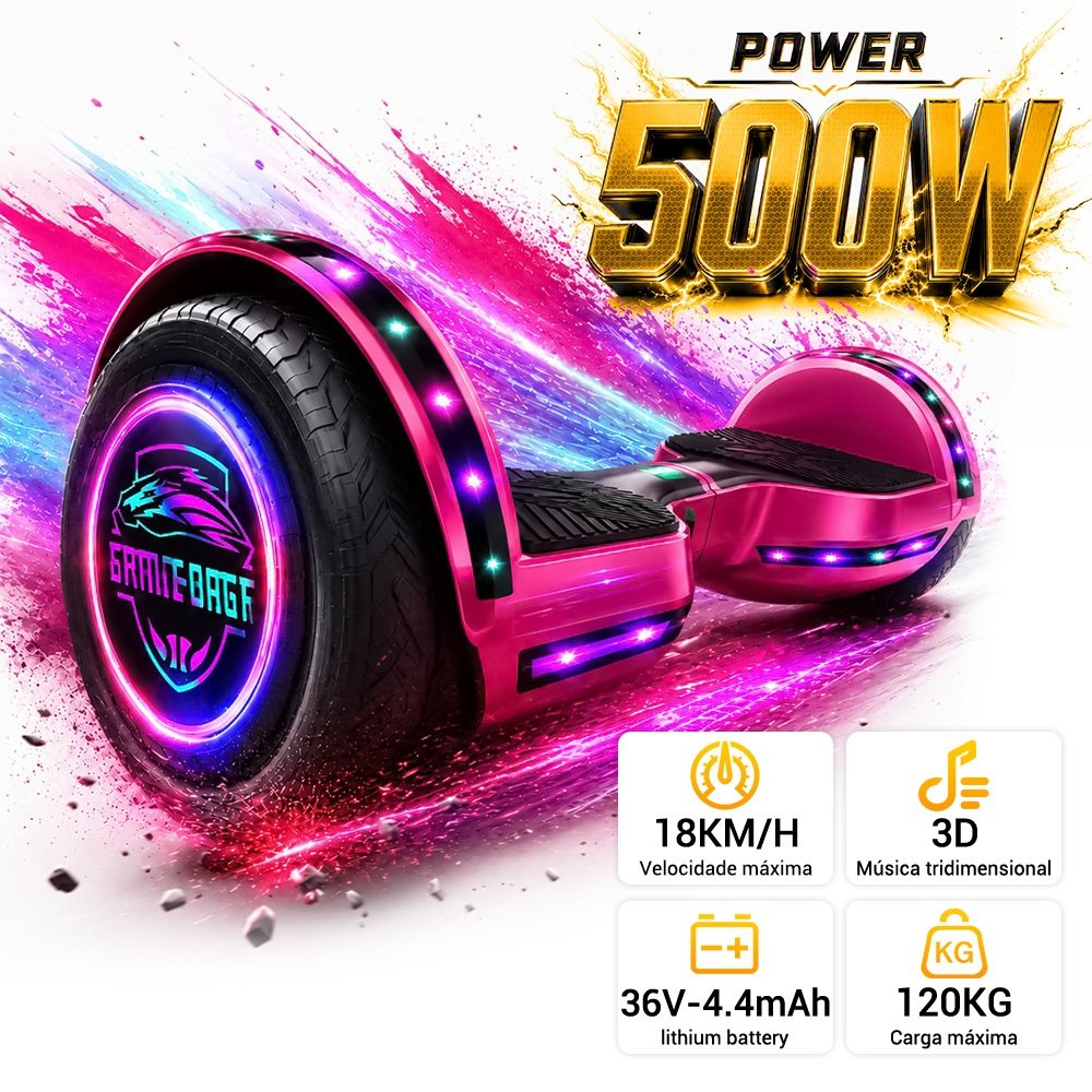 6.5" Kids Hoverboard 500W 4.4AH com Bluetooth Música e Luzes LED Longa Autonomia
