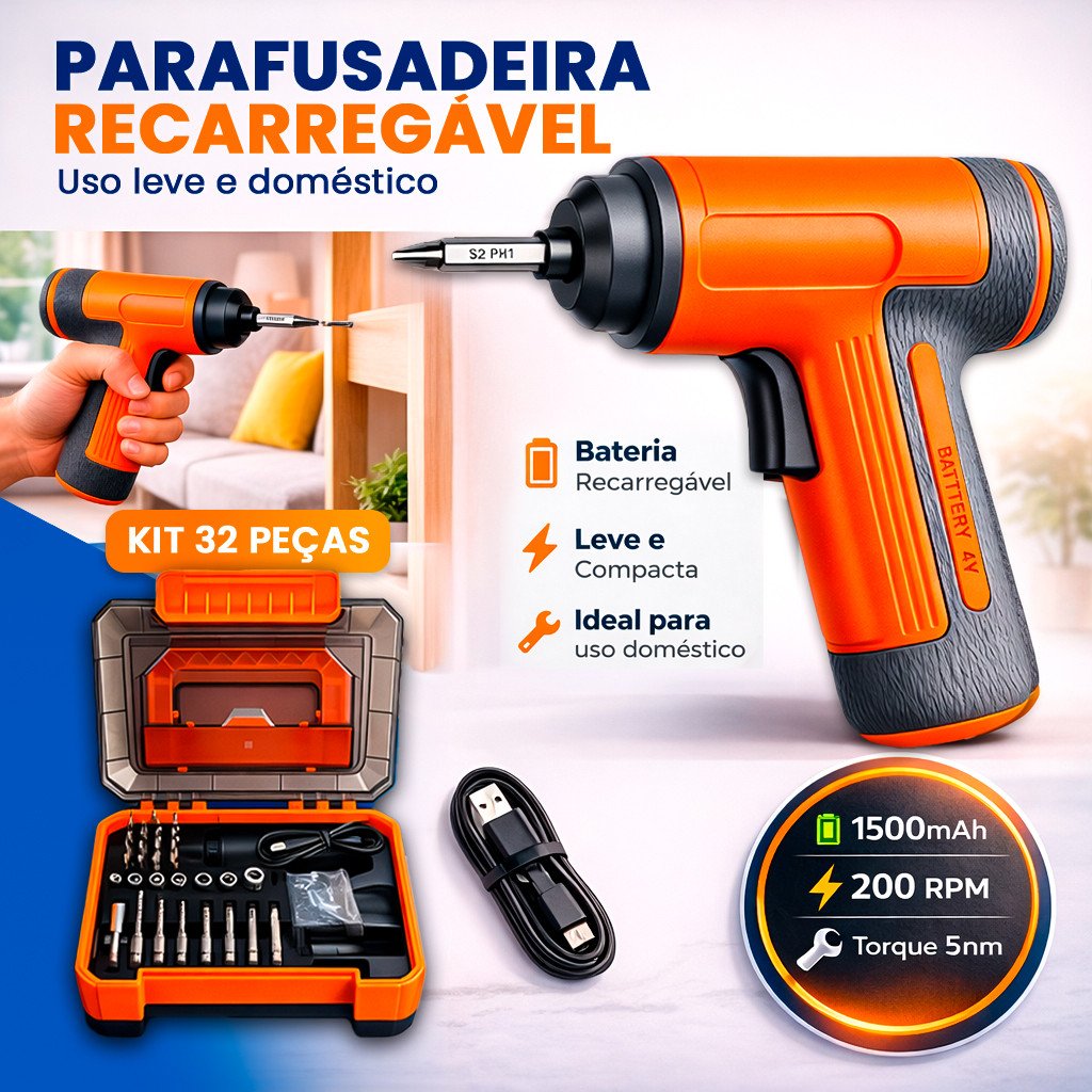 Parafusadeira Elétrica Recarregável 4V com Kit 32 Peças Bivolt USB-C