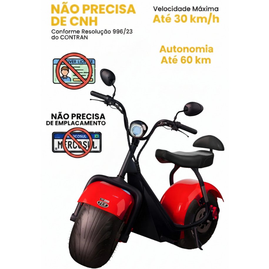 Scooter Moto Elétrica (Sem CNH) 1000W 60V TUI MAIS+ 2 Lugares autonomia até 60km Vermelho