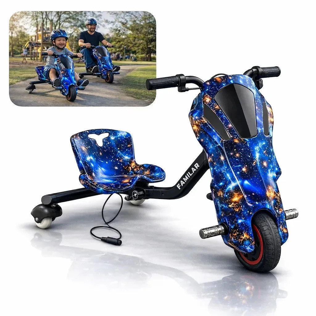Triciclo Elétrico Infantil Drift 250w Scooter 15km/h Azul Estrela Kart Elétrico Criança 3 Rodas Com Led Recarregável