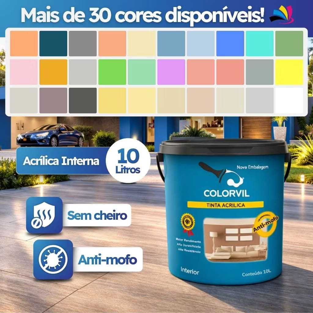 Tinta acrílica Colorvil para parede 18L 10L | Sem cheiro e Anti-mofo Alta Cobertura Rendimento Eco 46 cores disponiveis