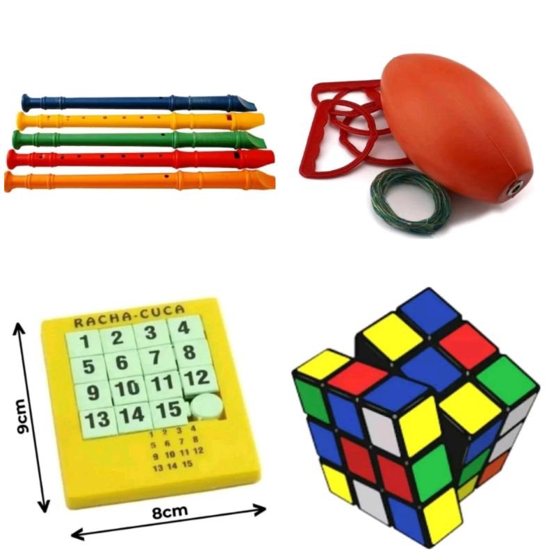 KIT 4 BRINQUEDOS SENDO VAI E VEM GRANDE+RACHA CUCA NUMEROS+CUBO MAGICO+FLAUTA DOCE