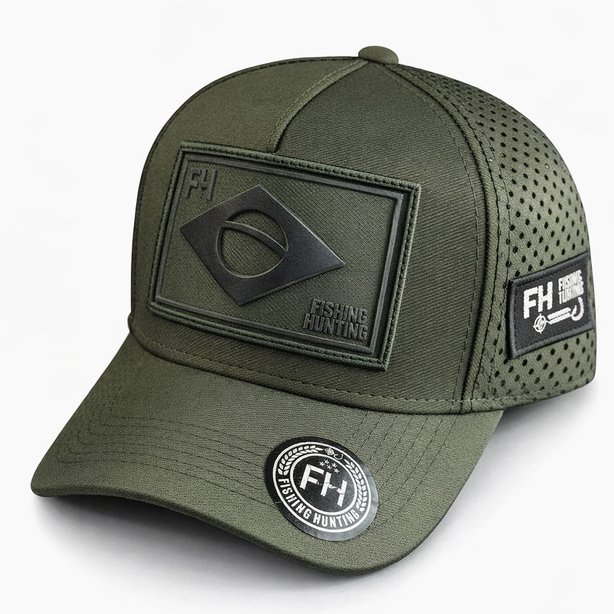 Boné Trucker Caça e Pesca Verde Militar Aba Curva Snapback Ajustável Tela