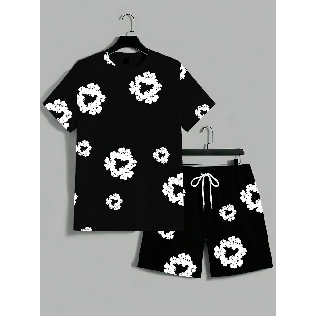 Conjunto Camiseta Bermuda Ready Made Denim 100% Algodão Flores Shorts