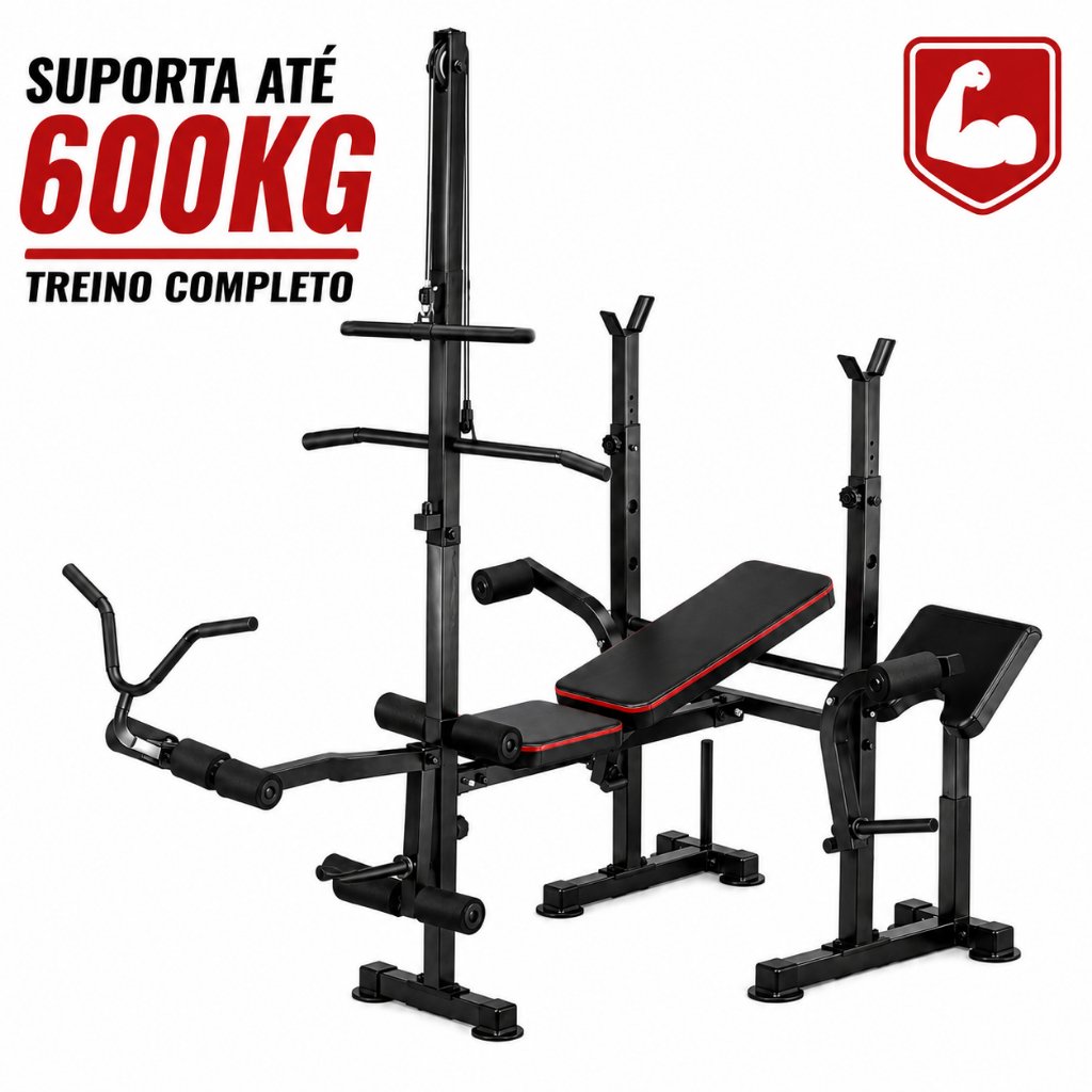 Estação de Musculação Multifuncional Banco de Supino Ajustável Academia em Casa Suporta 600KG Treino Completo