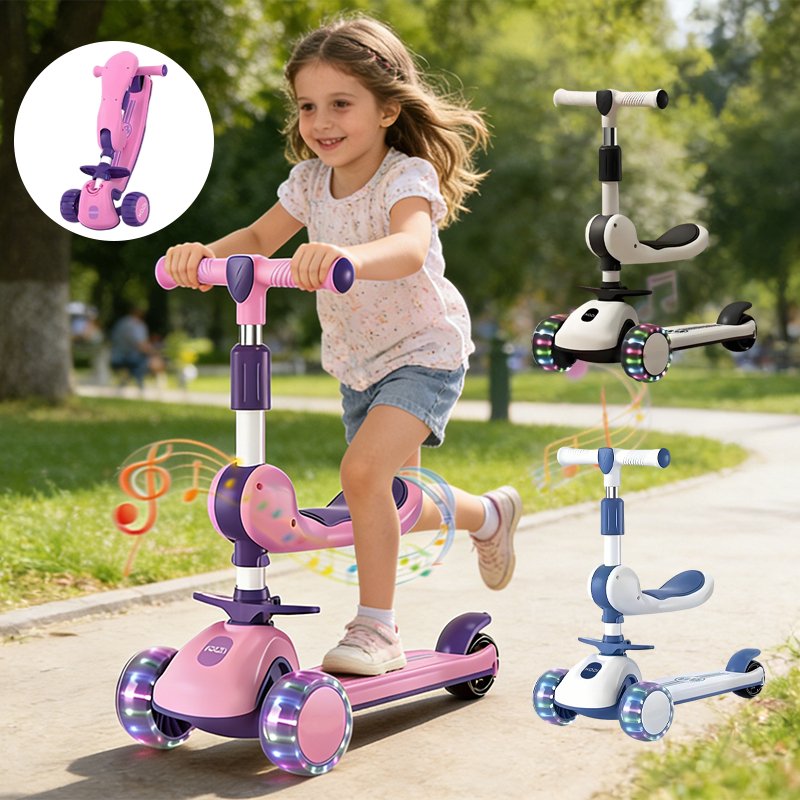 Patinete Infantil com Luz e Som Dobrável, Guidão Regulável Até 60kg Menino e Menina  ao Ar Livre-B03