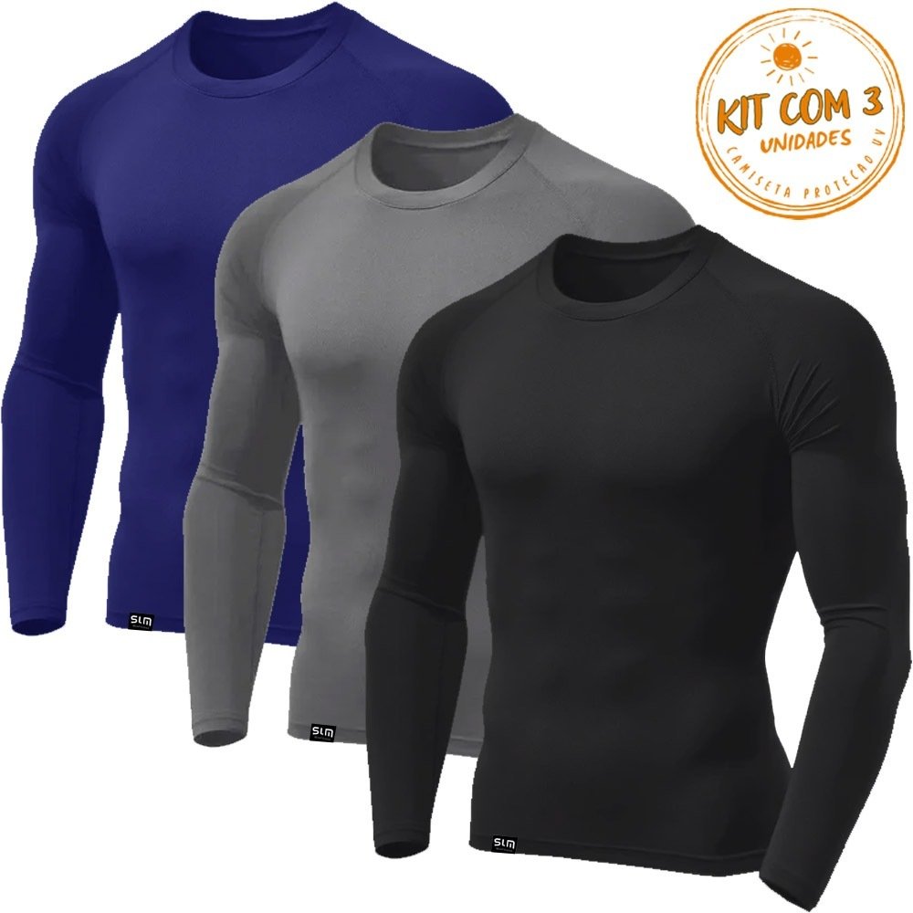 Kit 3 Camisetas Masculinas Segunda Pele Proteção UV Térmica