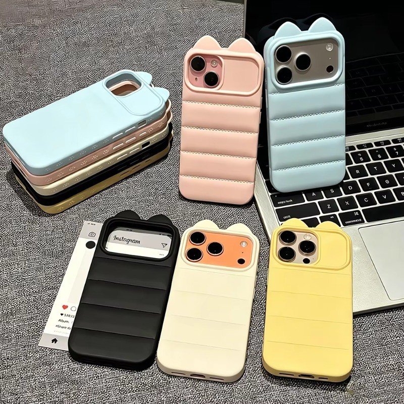 Capa De Telefone Para iPhone 17 16 15 14 13 12 11 Pro Max Plus Cor Sólida Bonito 3D Gato Orelha Nicho Macia