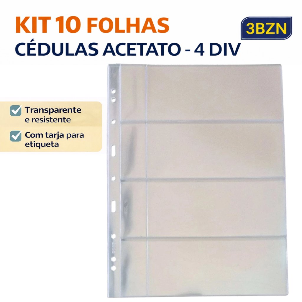 Kit 10 Folhas de Acetato 3BZN com Tarja para Etiqueta | Tamanho 32x24 cm