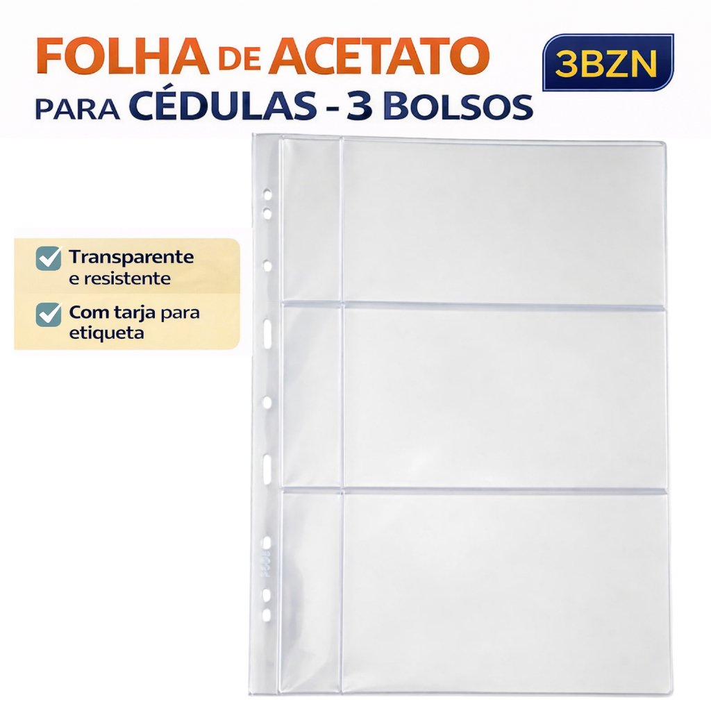 Kit 10 Folhas Acetato para Cédulas | 3 Bolsos com Tarja | Modelo 3BZN