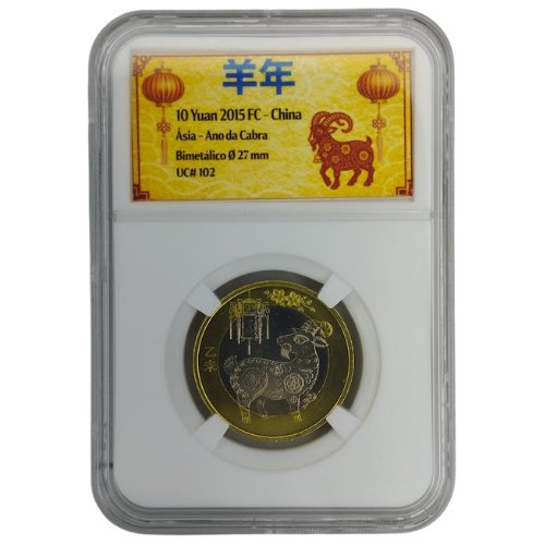 10 Yuan 2015 FC China Ásia Ano da Cabra Bimetálico Ø,27mm UC# 102 Lacrado no Slab